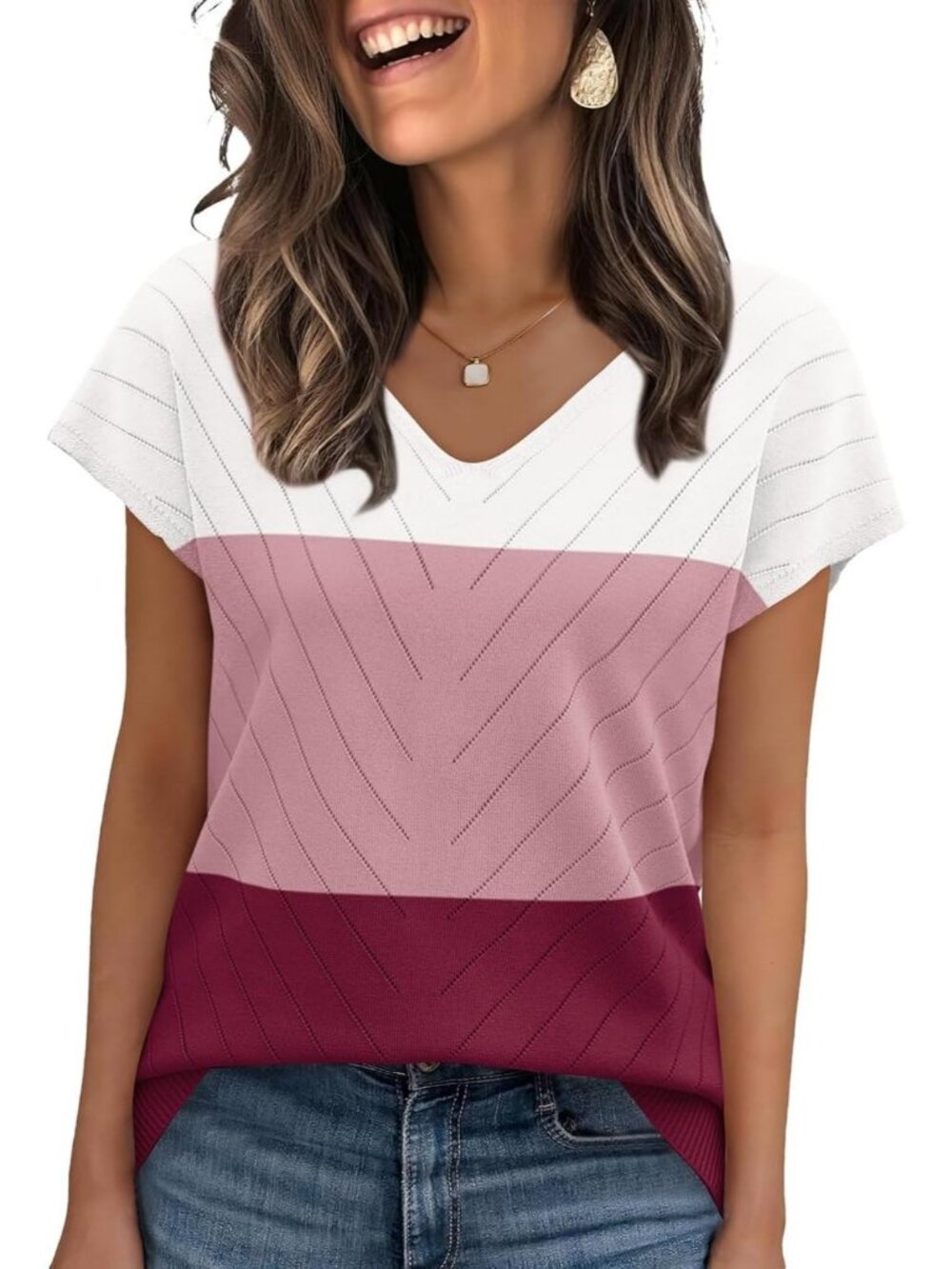 Women White Pink Trendy Summer Tops Sweater Pullover V-Neck Pull On Short Sleeve